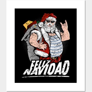 Feliz Navidad cool tattooed santa claus with sunglasses Posters and Art